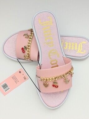 Juicy Couture (7M) JC-Yaretta Pink Slides/Flats/Sandals w/Gold Chain Charms